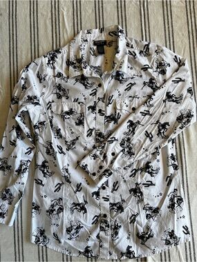 Wrangler Retro Western Snap Shirt XL White Black Cowboy Horse Print 100% Cotton